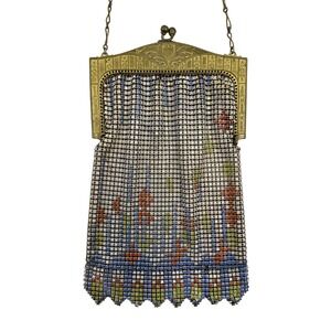 Vintage Whiting & Davis Mesh Purse Multicolor Painted Bag Flapper 1920s